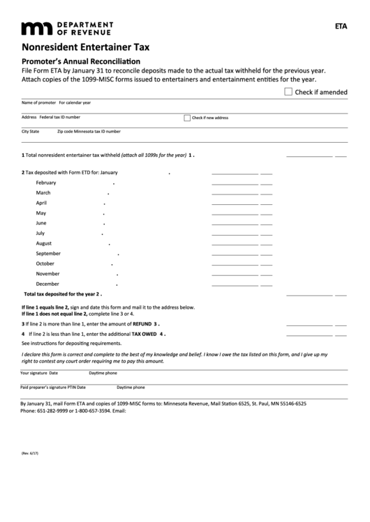 Fillable Form Eta - Nonresident Entertainer Tax Printable pdf
