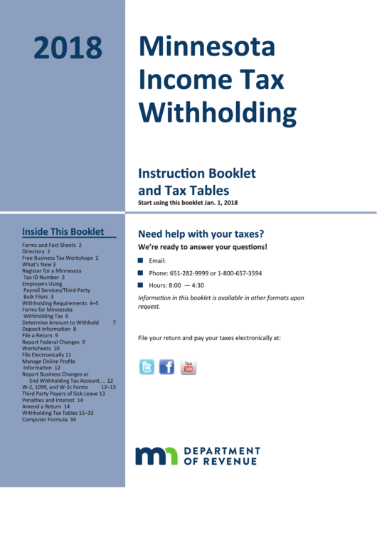 Minnesota Income Tax Withholding Instruction Booklet And Tax Tables - 2018 Printable pdf