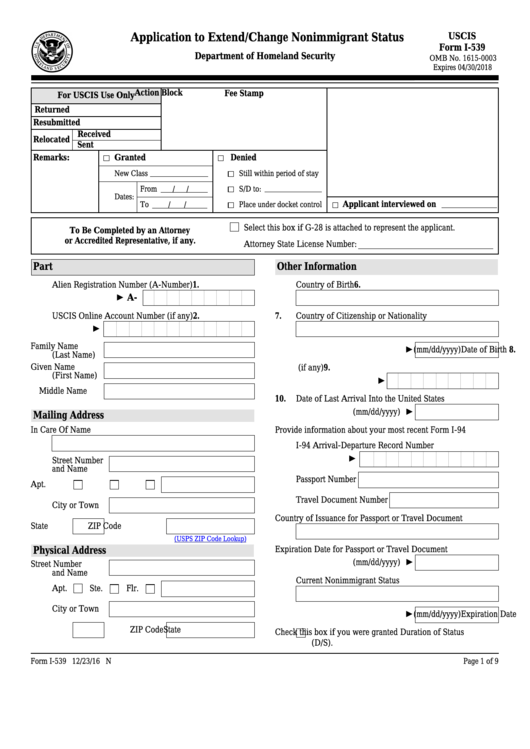 Fillable Form I-539 - Application To Extend/change Nonimmigrant Status Printable pdf
