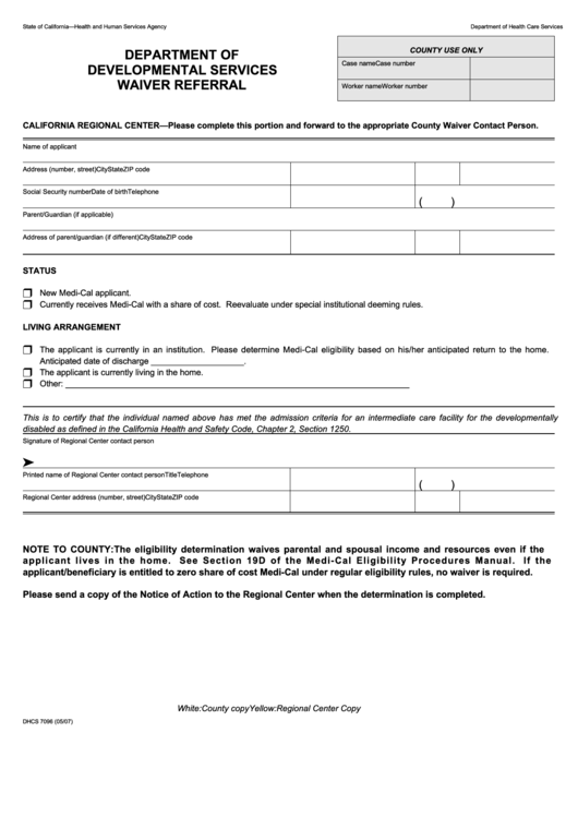 Form Dhcs 7096 - California Department Of Developmental Services Waiver Referral - Department Of Health Care Services Printable pdf