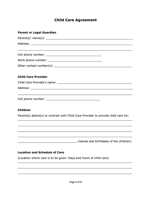 Child Care Agreement Printable pdf