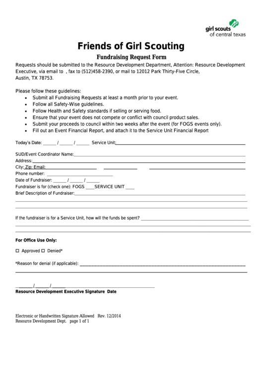 Fundraising Request Form - Girl Scouts Of Central Texas Printable pdf