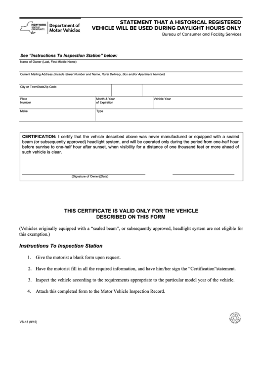 Form Vs-18 - Statement That A Historical Registered Vehicle Will Be Used During Daylight Hours Only Printable pdf