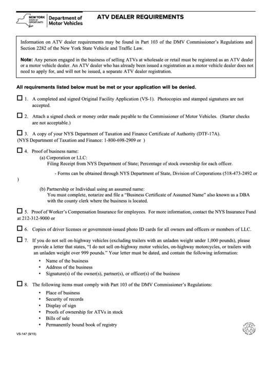 Form Vs-147 - Atv Dealer Requirements Printable pdf