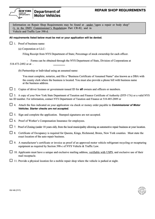 Form Vs-145 - Repair Shop Requirements Printable pdf
