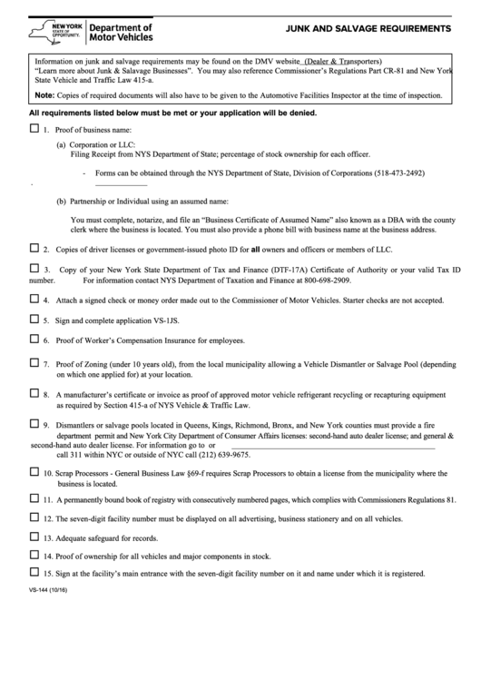 Form Vs-144 - Junk And Salvage Requirements Printable pdf