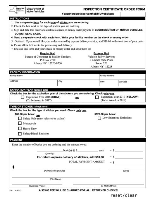 Fillable Form Vs-113i - Inspection Certificate Order Form Printable pdf