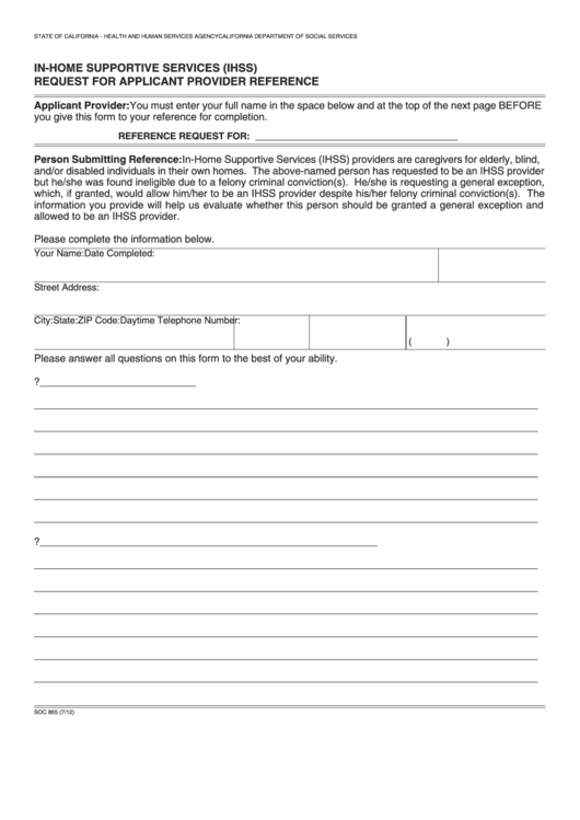 Fillable Form Soc 865 - In-Home Supportive Services (Ihss) Request For Applicant Provider Reference Printable pdf