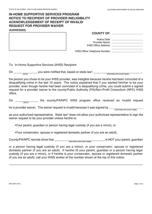 Fillable Form Soc 857a - In-Home Supportive Services Program Notice To Recipient Of Provider Ineligibility Acknowledgement Of Receipt Of Invalid Request For Provider Waiver Printable pdf