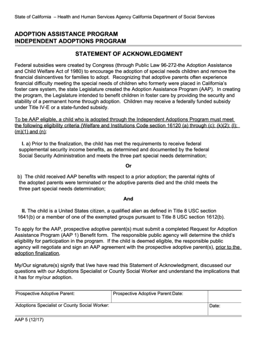 Fillable Form Aap 5 - Adoptions Assistance Program - Independent Adoptions Program - Statement Of Acknowledgment Printable pdf