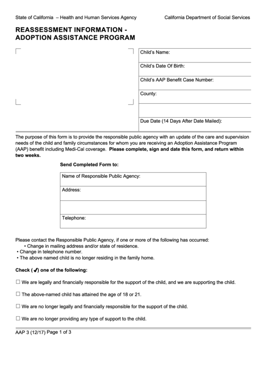 Fillable Form Aap 3 - Reassessment Information - Adoption Assistance Program Printable pdf