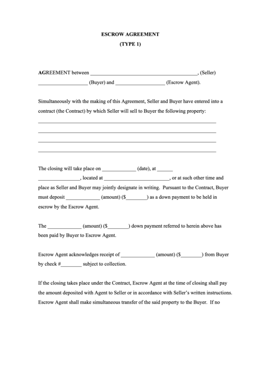 Escrow Agreement Form Printable pdf