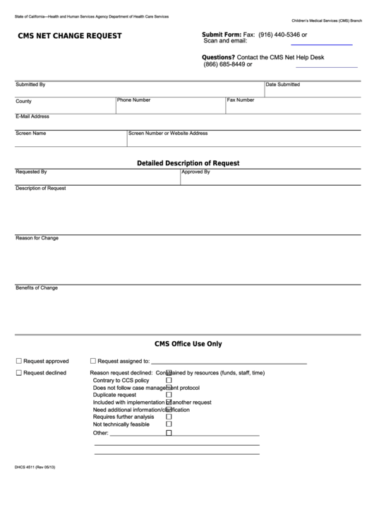 Fillable Form Dhcs 4511 - California Cms Net Change Request Printable pdf