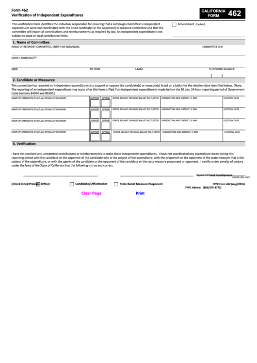 Fillable Fppc Form 462 - Verification Of Independent Expenditures Printable pdf
