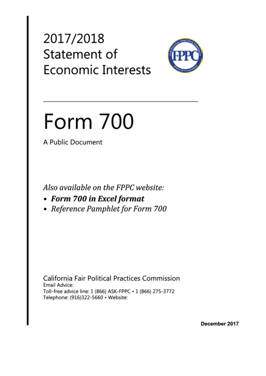 Fillable Fppc Form 700 - Statement Of Economic Interests - 2017/2018 Printable pdf