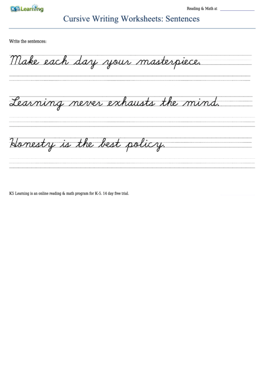 Sentences Cursive Handwriting Sheet Printable pdf