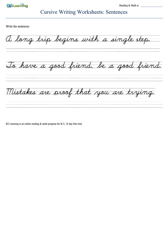 Sentences Sayings Cursive Writing Worksheet Printable pdf