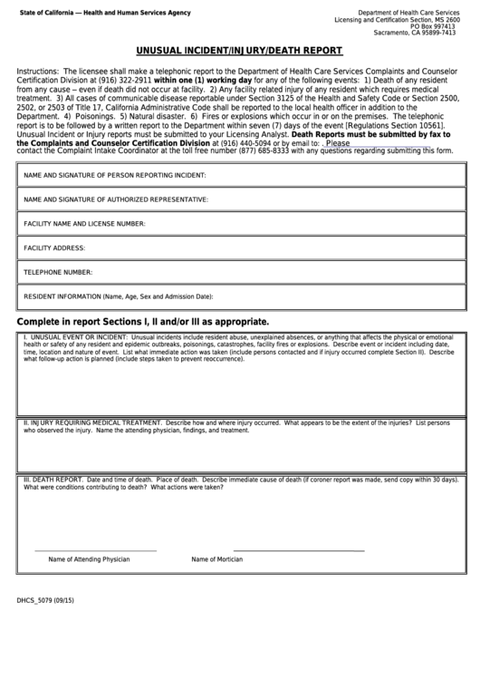 Fillable Form Dhcs 5079 - California Unusual Incident/injury/death Report - Department Of Health Care Services Printable pdf