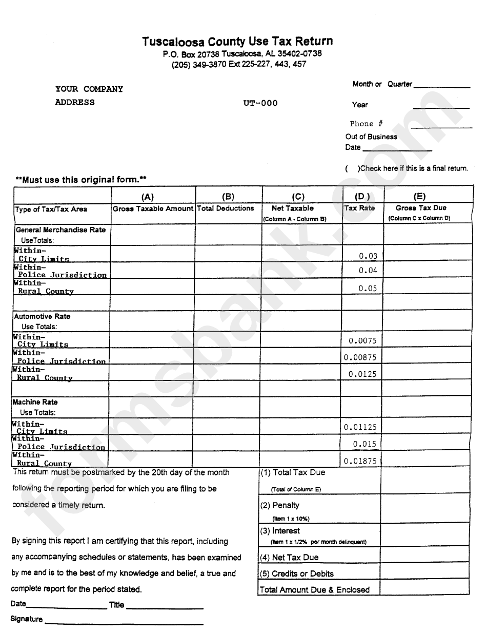 Tuscalosa County Use Tax Return