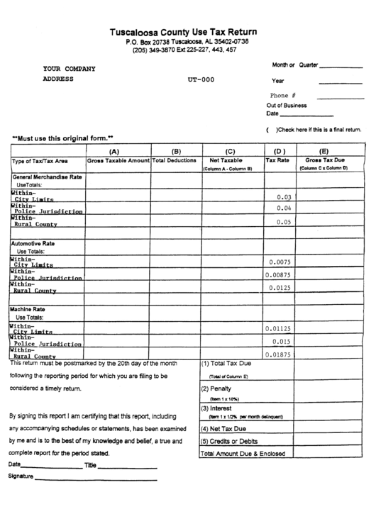 Tuscalosa County Use Tax Return Printable pdf