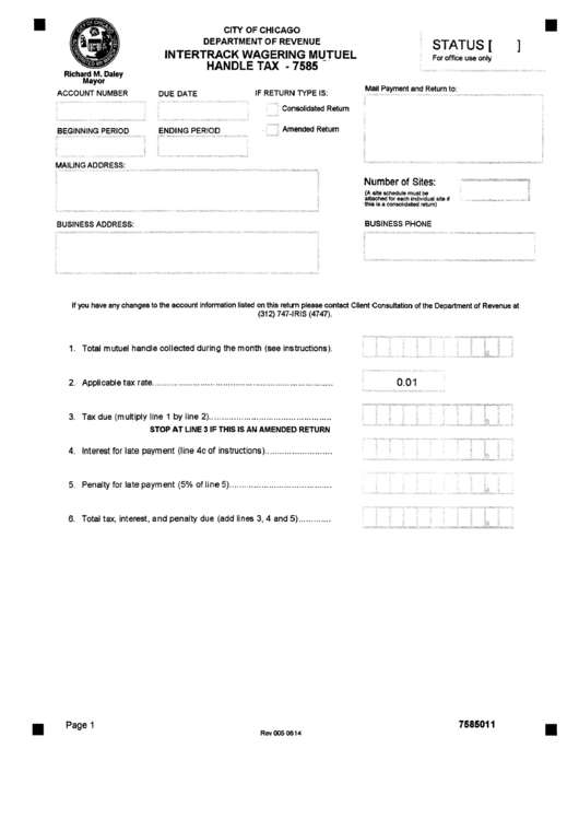 Form 7585 - Intertrack Wagering Mutuel Handle Tax - City Of Chicago Printable pdf
