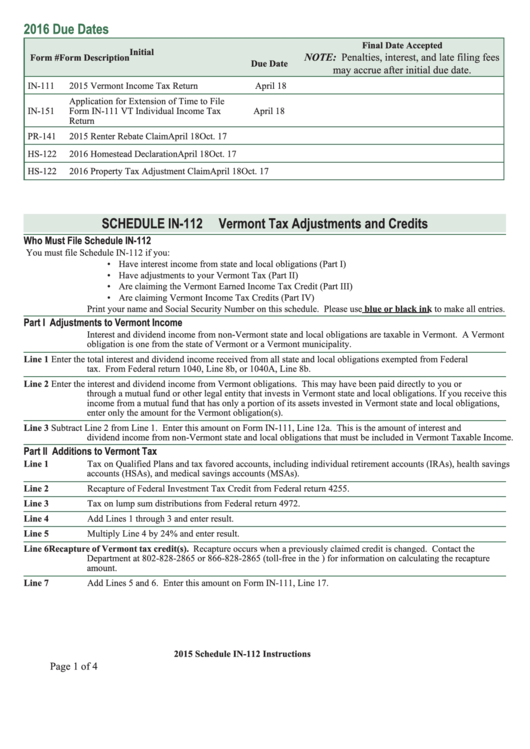 Schedule In-112 - Vermont Tax Adjustments And Credits Instructions - 2016 Printable pdf