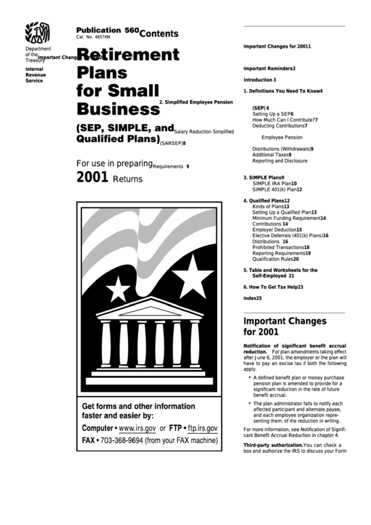 Publication 560 - Retirement Plans For Small Business - 2001 Printable pdf
