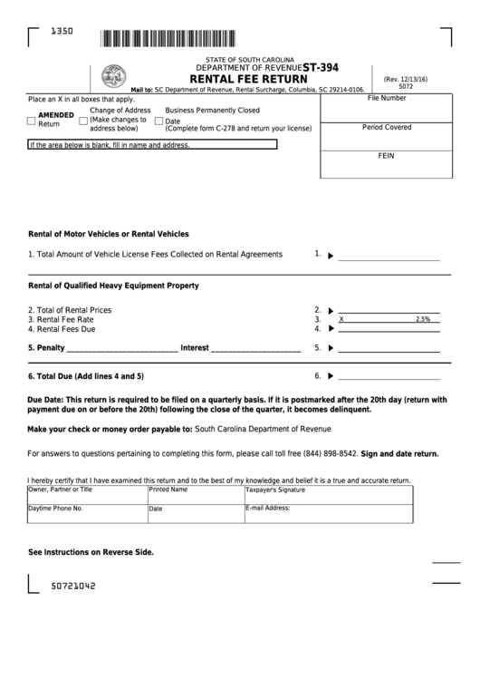 Form St-394 - Rental Fee Return Printable pdf
