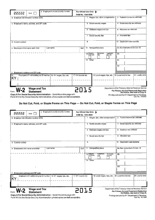 Form W-2 - Wage And Tax Statement - 2015 Printable pdf