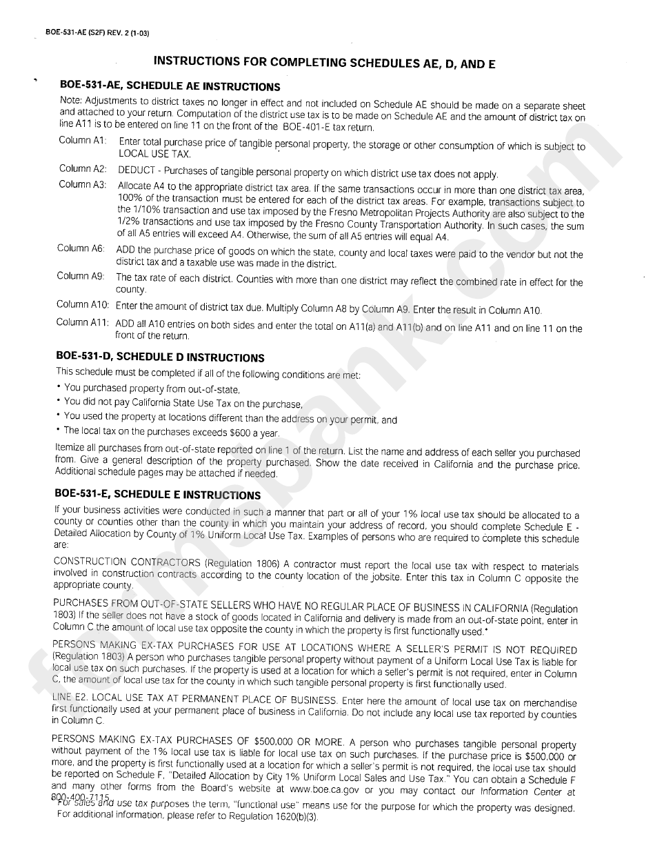 Form Boe-531-Ae - Instructions For Completing Schedules Ae, D, And E