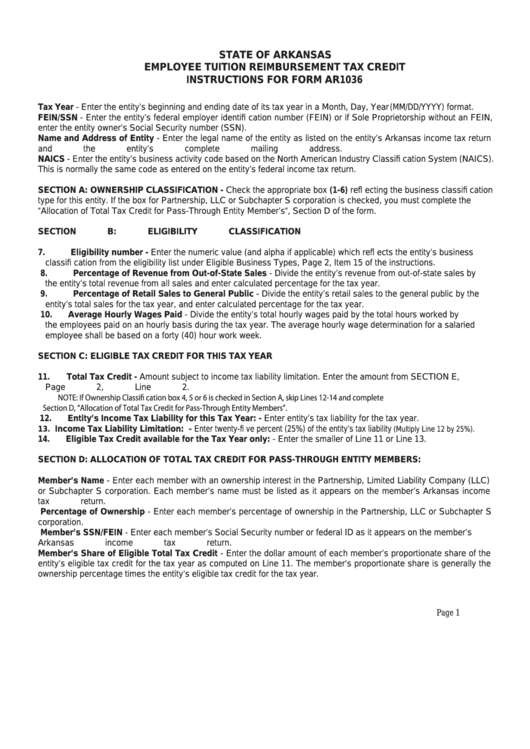 Employee Tuition Reimbursement Tax Credit Instructions For Form Ar1036 Printable pdf