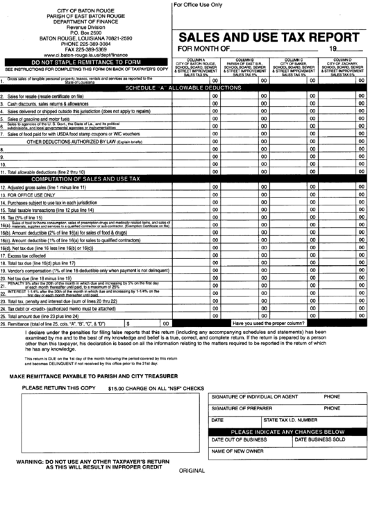 Sales And Use Tax Report - City Of Baton Ruoge Printable pdf