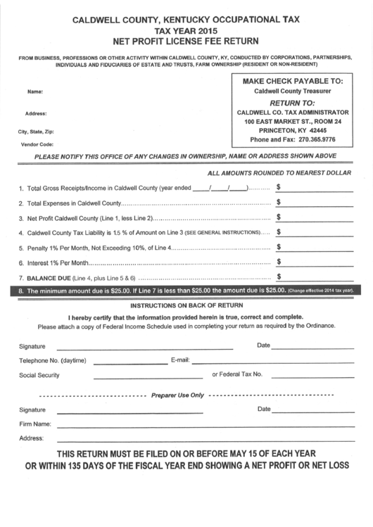 Net Profit License Return - Caldwell County - 2015 Printable pdf