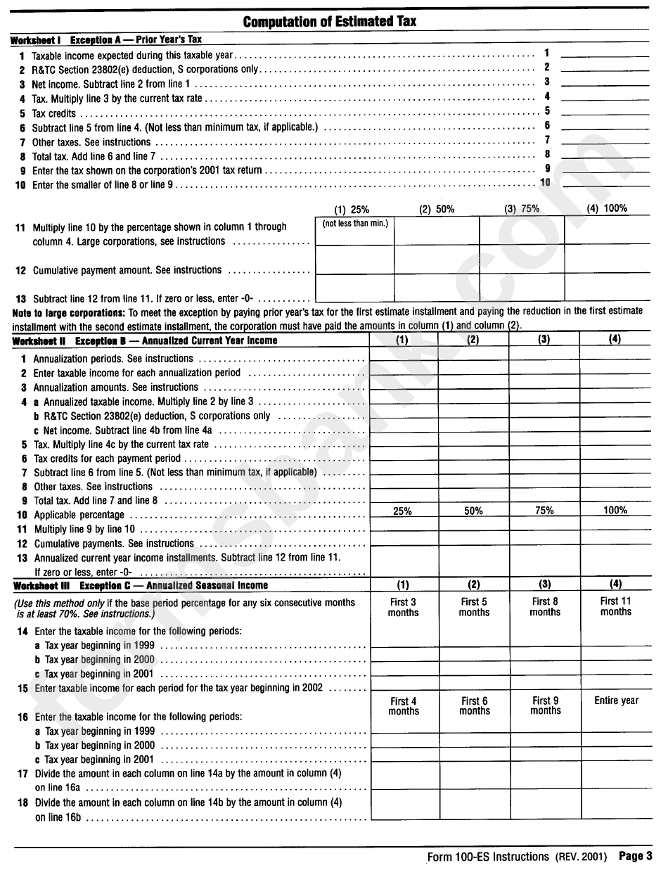 Instructions For 2002 Form 100-Es