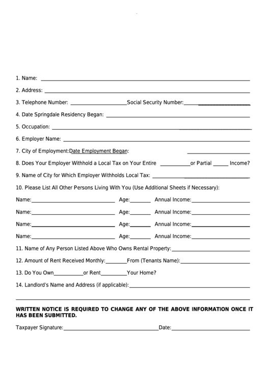 Taxpayer Information Form Printable pdf