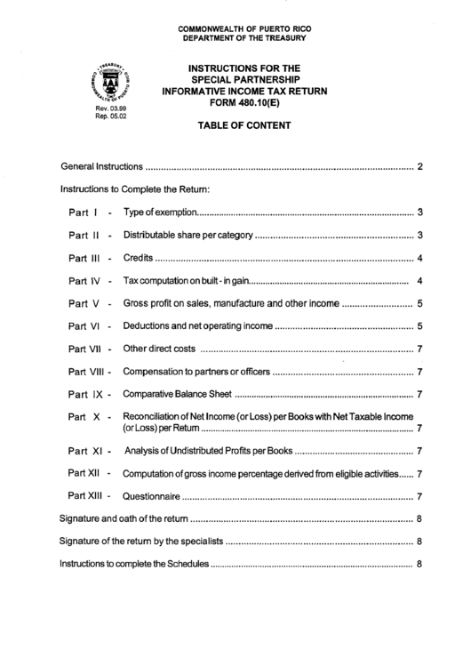 Form 480.10(E) - Instructions For The Special Partnership Informative Income Tax Return Printable pdf
