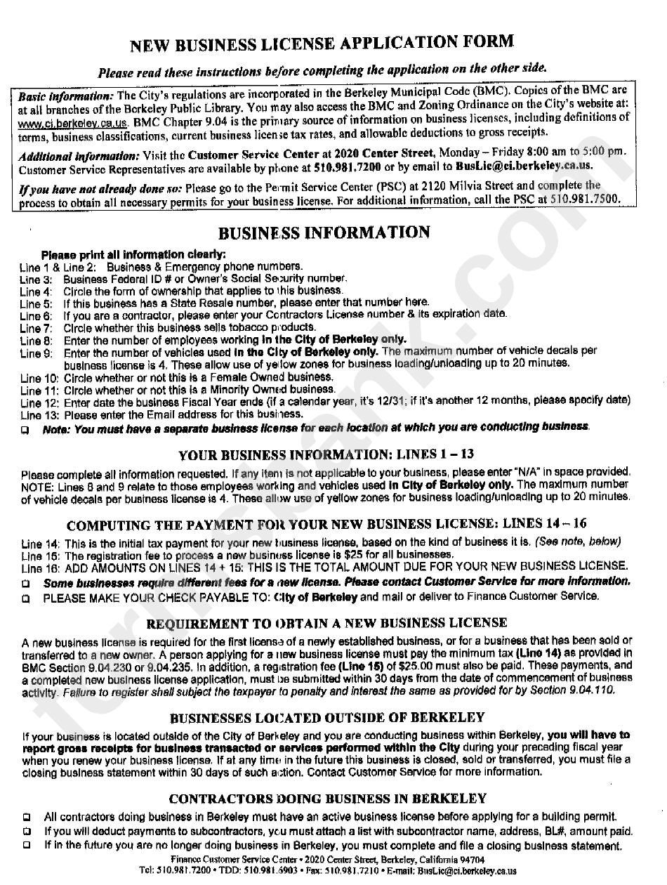 New Business License Application Form - Berkeley