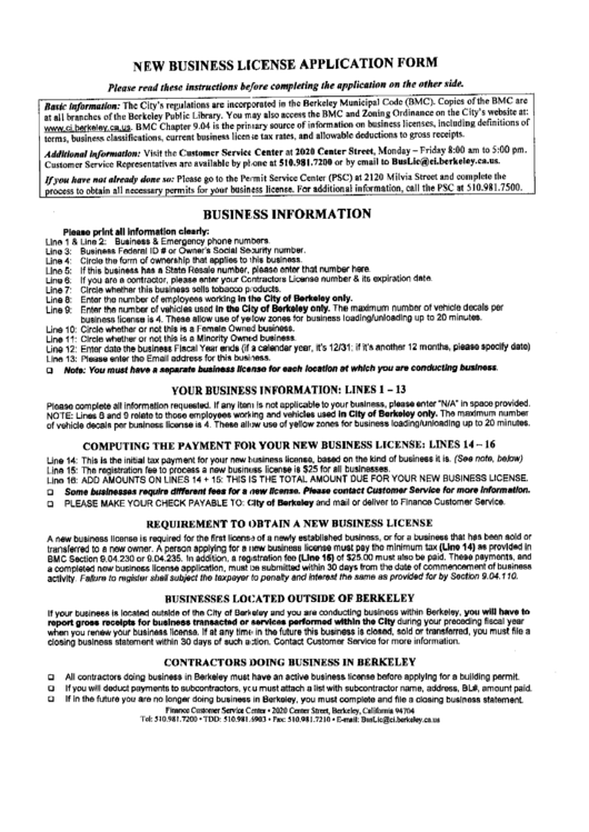 New Business License Application Form - Berkeley Printable pdf
