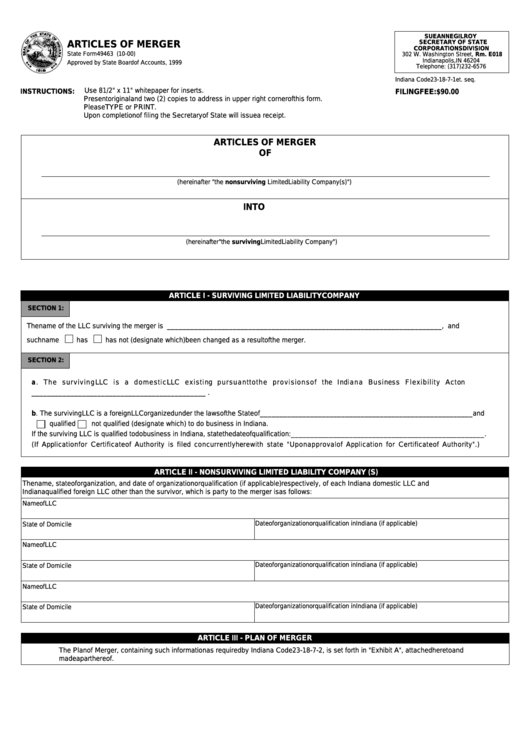 Fillable Form 49463 - Articles Of Merger Printable pdf
