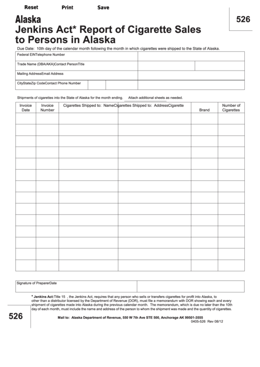 Fillable Form 526 - Jenkins Act Report Of Cigarette Sales To Persons In Alaska Printable pdf