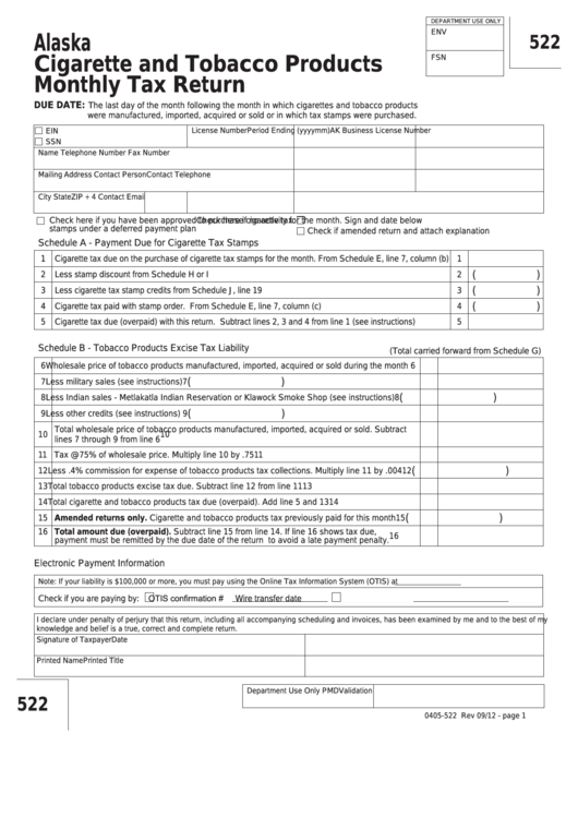 Form 522 - Cigarette And Tobacco Products Monthly Tax Return Printable pdf