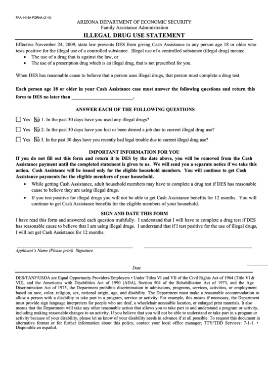 Form Faa-1415a Forna - Illegal Drug Use Statement Printable pdf