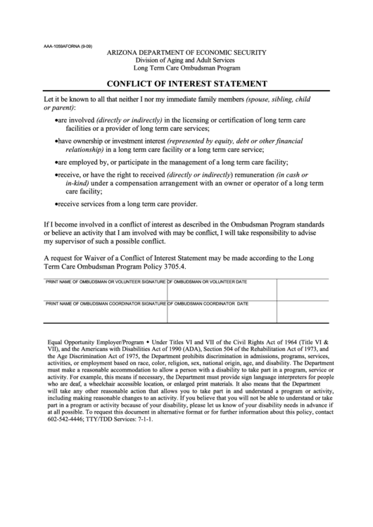 Form Aaa-1059a Forna - Conflict Of Interest Statement Printable pdf