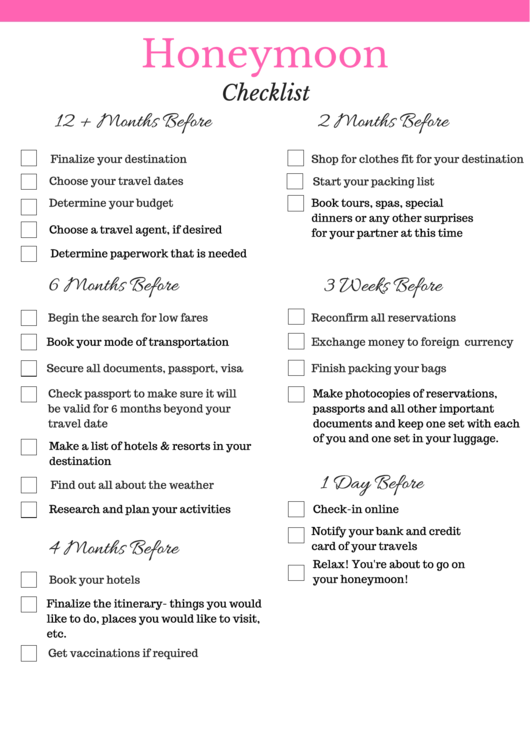 Honeymoon Planning Checklist printable pdf download