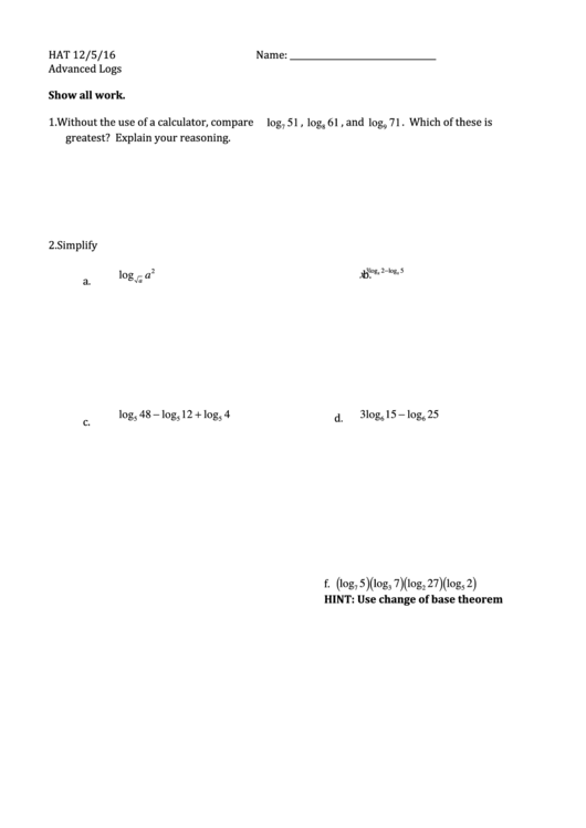 Advanced Logs Math Worksheet Printable pdf