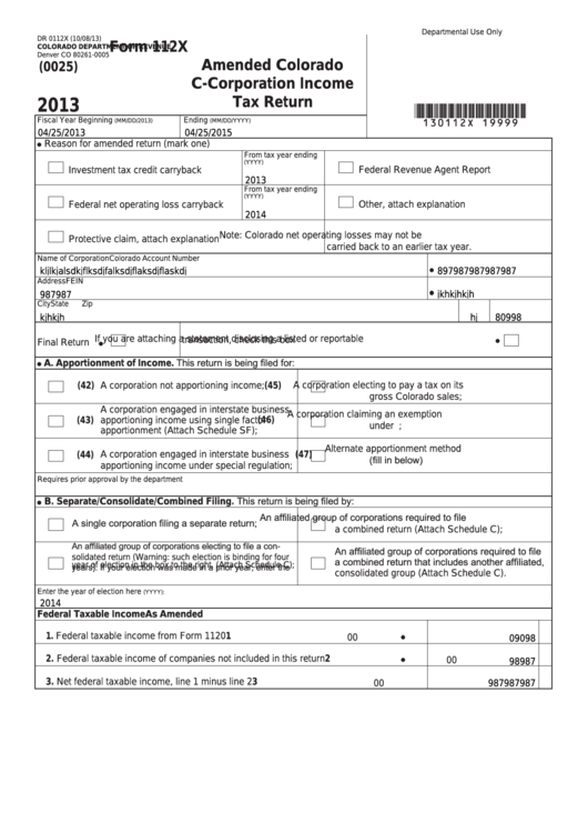 Fillable Form 112x - Amended Colorado C-Corporation Income Tax Return - 2013 Printable pdf