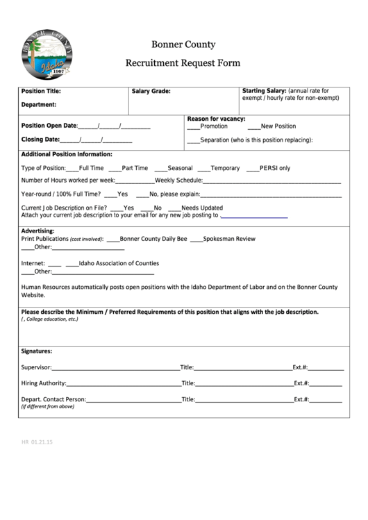 Fillable Bonner County Recruitment Request Form Printable pdf