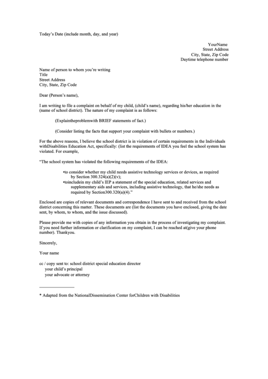 Complaint Against Teacher Letter Template Printable pdf