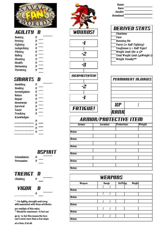 Savage Worlds Character Sheet Printable pdf