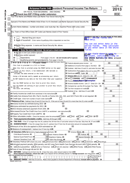 Fillable Form 140 - Resident Personal Income Tax Return - 2013 Printable pdf